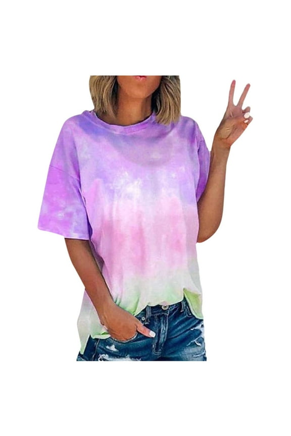 Women'S Summer Tie-Dye Short Sleeve Crew-Neck T-Shirt Casual Tee topsS-5Xl