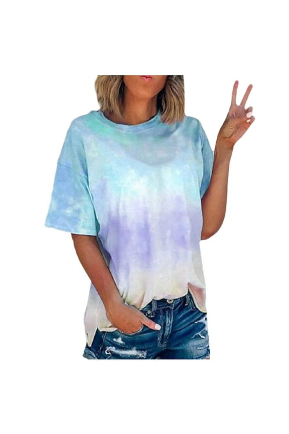 Women'S Summer Tie-Dye Short Sleeve Crew-Neck T-Shirt Casual Tee topsS-5Xl