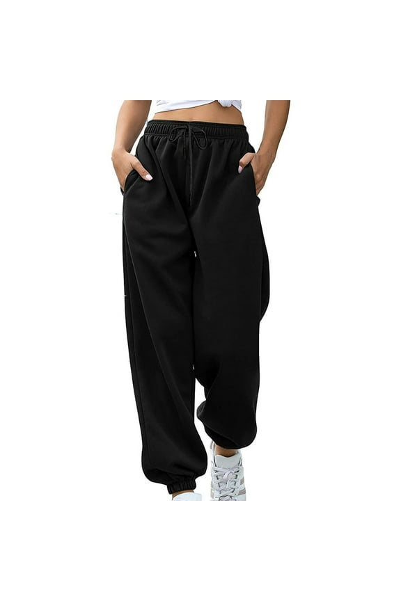 Women's Fashion Casual Solid Elastic Waist Trousers Long Straight Pants Black 8(L)