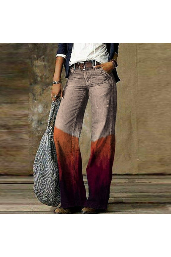 Women's Fashion Comfortable Printed Straight Casual Trousers Pants Red 12(XXL)