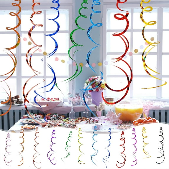 Egmy1 60Pcs Pastel Rainbow Hanging Swirl Party Decorations, Colorful Hanging Decor from Ceiling, Plastic Birthday Streamers Decorations for Festival New Year Eve Holiday Celebration