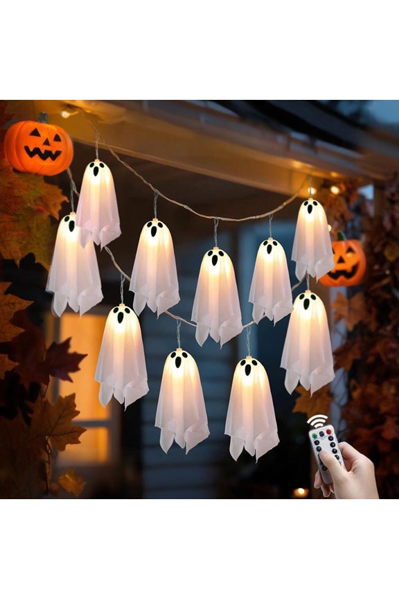 1 Halloween Decoration-Light Up Ghost Garland-Handmade LED Ghost String Lights For Home Party Fireplace Mantle Windows Decor