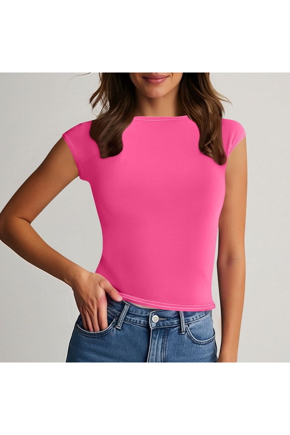 1 Womens Tank Tops Women's Crew Neck Short Sleeve Tees Double Lined Slim Fit T Shirt Basic Y2K Tops