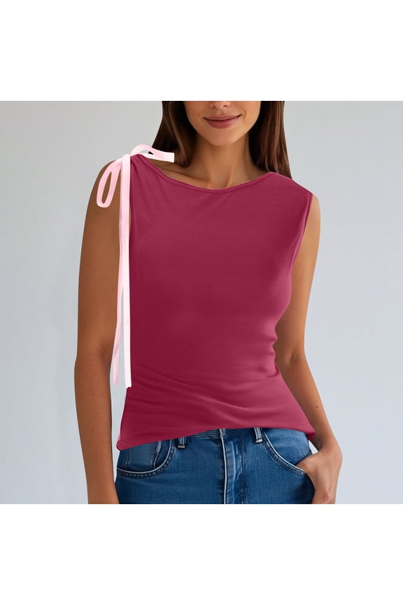 1 Womens Tank Tops Women's New Solid Color Bow Crossshoulder Casual T-shirt