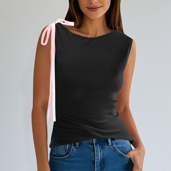 Egmy1 Womens Tank Tops Women's New Solid Color Bow Crossshoulder Casual T-shirt