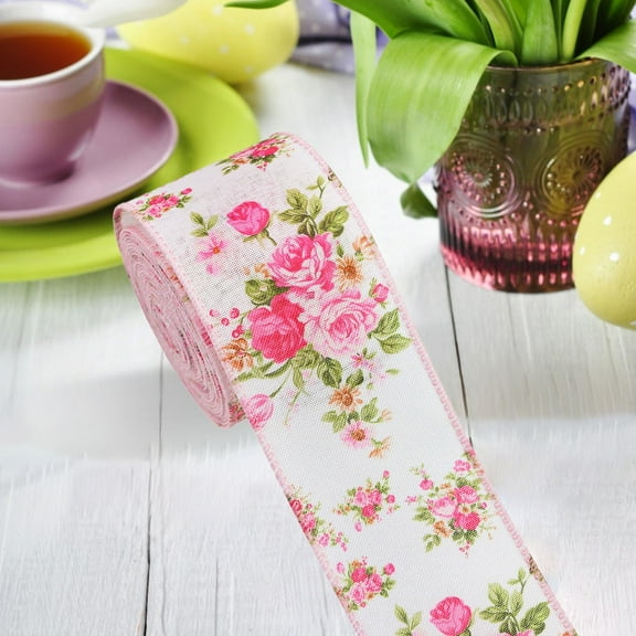 Egmy1 Pink Floral Wired Edge Ribbon Rose Flower Pattern Ribbon Spring Summer Fabric Decorative Craft Ribbons for Mother's Day Gift Wrapping Hair Bow Sewing Wreath