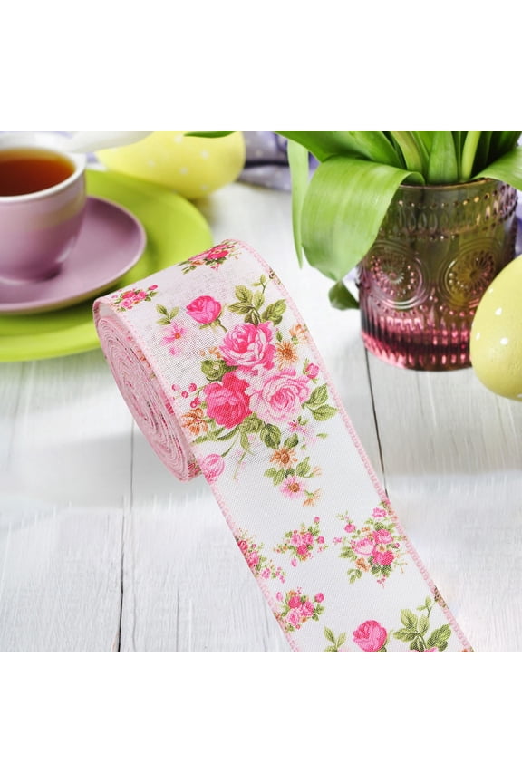 1 Pink Floral Wired Edge Ribbon Rose Flower Pattern Ribbon Spring Summer Fabric Decorative Craft Ribbons for Mother's Day Gift Wrapping Hair Bow Sewing Wreath