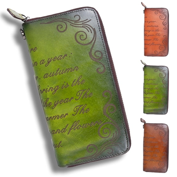 Egoelife Long Wallet for Women Leather Card Holder High Capacity Trifold Wallet Hand-carved Cell Phone Purse Zip Around Purse Wrist Strap Ladies Clutch Purse Fashion Wristlet Wallet Vintage Card Case