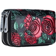 Egoelife Small wallet for Women Genuine Leather Credit Card Holder RFID Zip Around Wallet High Capacity Card Case Hand-painted Mini Wallet Cute Ladies Wallets Vintage Money Organizers