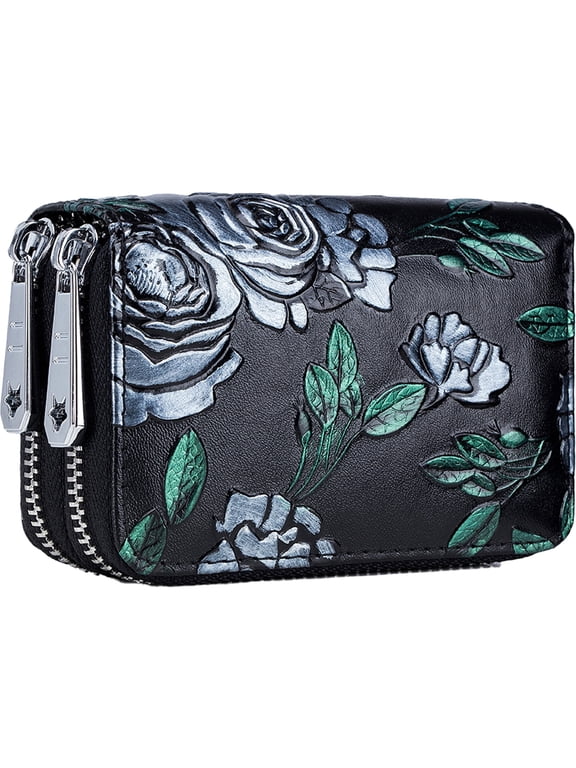 Small wallet for Women Genuine Leather Credit Card Holder RFID Zip Around Wallet High Capacity Card Case Hand-painted Mini Wallet Cute Ladies Wallets Vintage Money Organizers