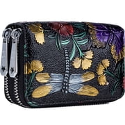 Egoelife Small wallet for Women Leather Credit Card Holder RFID Zip Around Wallet High Capacity Card Case Hand-painted Mini Wallet Cute Ladies Wallets Vintage Money Organizers