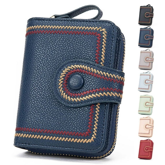 Egoelife Women Wallet PU Leather Zipper Card Case Holder Bifold Purse - Dark Blue