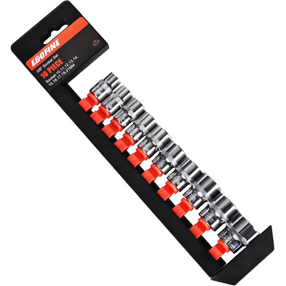 Egofine 10PCS 3/8” Drive Standard Socket Set,Shallow,Metric(10-21mm,6 Point Socket Set With Hanging Bracket,Cr-V Steel
