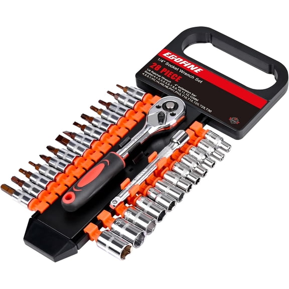 Egofine 28pcs 1/4 Inch Ratchet Socket Wrench Set, Drive Socket Set with 12 Sockets and 14 Bit Socket Set, with Extension Bars
