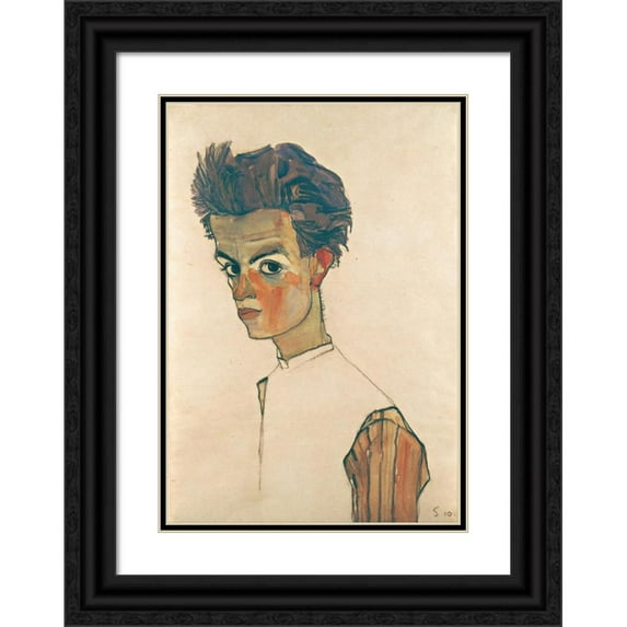 Egon Schiele 11x14 Black Ornate Wood Framed Double Matted Museum Art Print Titled: Self-Portrait with Striped Shirt (1910)