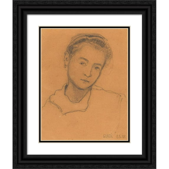 Egon Schiele 12x14 Black Ornate Wood Framed Double Matted Museum Art Print Titled: Gerti Schiele at the Age of Twelve