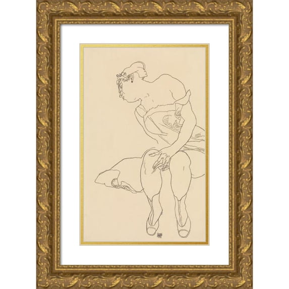 Egon Schiele 13x18 Gold Ornate Wood Frame and Double Matted Museum Art Print Titled - Seated Woman in Corset and Boots (1918)
