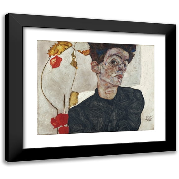 Egon Schiele 14x12 Black Modern Framed Museum Art Print Titled - Self-Portrait with Physalis (1912)