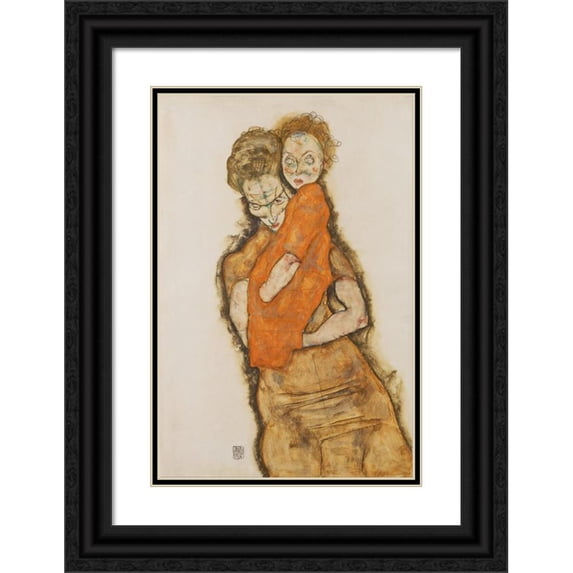Egon Schiele 17x24 Black Ornate Framed Double Matted Museum Art Print Titled: Mother and Child (1914)