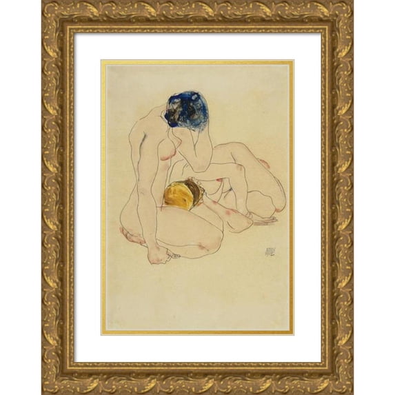 Egon Schiele 18x24 Gold Ornate Framed and Double Matted Museum Art Print Titled - Two Friends (1912)