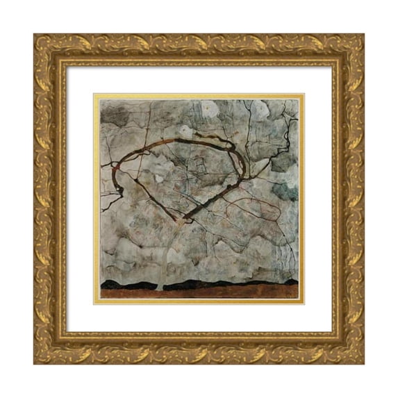 Egon Schiele 20x20 Gold Ornate Framed and Double Matted Museum Art Print Titled - Autumn Tree in Stirred Air (Winter Tree) (1912)