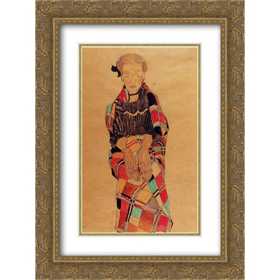 Egon Schiele 2x Matted 18x24 Gold Ornate Framed Art Print 'Girl in Black Pinafore, Wrapped in Plaid blanket'