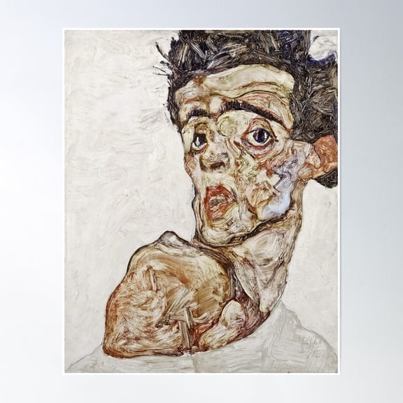 Egon Schiele - Self Portrait With Raised Bare Shoulder (1912) Poster Wall Art, Modern Wall Decor, 8x12 UNFRAMED