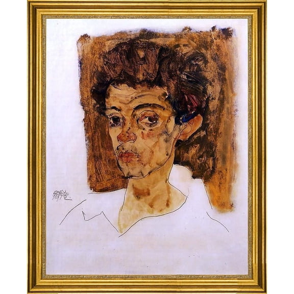 Egon Schiele Self Portrait with Brown Background - 16" x 20" Framed Premium Canvas Print