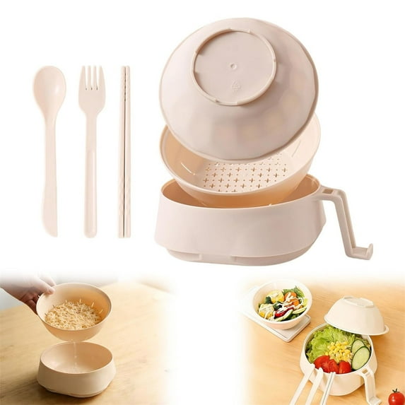Egooesam Ramen Bowl Set, Portable Ramen Cooker with Strainer 33 Oz, Microwave Ramen Bowls with Chopsticks and Spoon, Pasta Cooker, College Dorm Essentials (Beige)