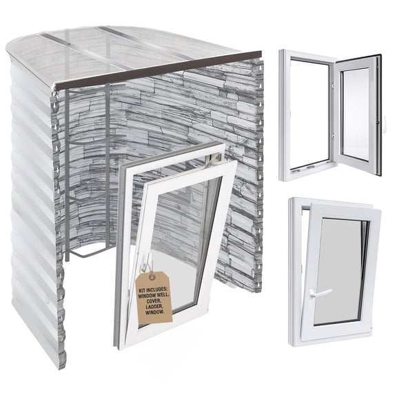 Egress Window Well Kit - 55"L x 36"W x 60"D - Tuffwell Metal Complete Kit Includes Tilt & Turn Casement Basement Window, Polycarbonate Well Cover, Egress Ladder, Stoneview 19 Gauge Steel Area Wall