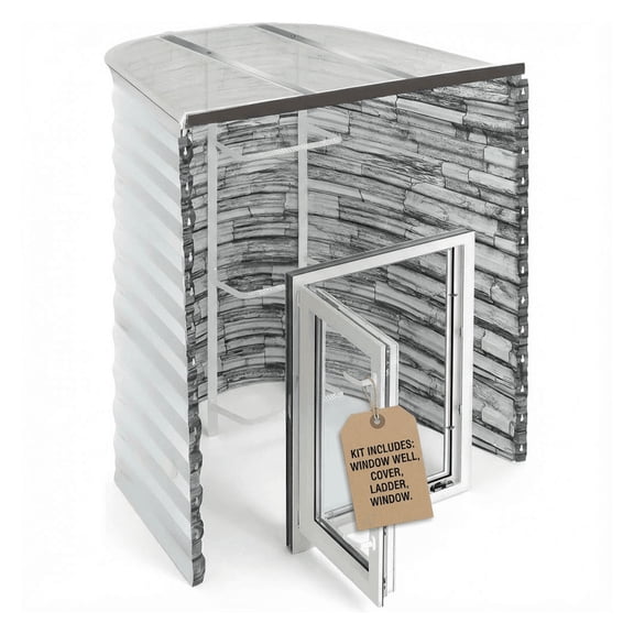 Egress Window Well Kit - Complete Basement Egress Window Kit - Includes Argon-Filled Basement Window, Window Well, Egress Ladder, Window Well Cover - Stoneview, 42"W x 36"P x 60"D