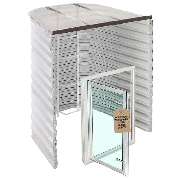 Egress Window Well Kit - Complete Basement Egress Window Kit - Includes Argon-Filled Basement Windows, Windows Well, Ladder and Wells Cover - White, 55"L x 36"W x 48"D