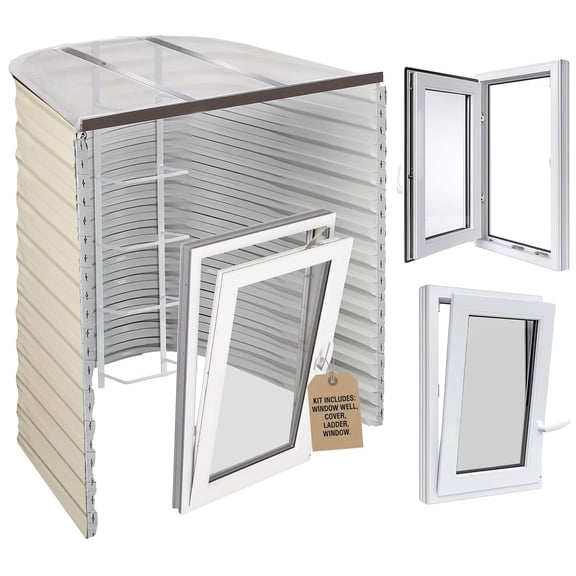 Egress Window Well Kit with Tilt & Turn Basement Window, Window Well Cover, Egress Ladder & Tuffwell window well, Basement Window Covers, Polycarbonate Window Well Covers Outside, 42"L x 36"W x 72"D