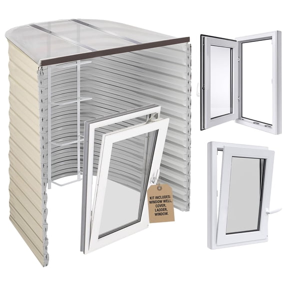 Egress Window Well Kit with Tilt & Turn Basement Window, Window Well Cover, Egress Ladder & Tuffwell window well, Basement Window Covers, Polycarbonate Window Well Covers Outside, 42"L x 36"W x 60"D