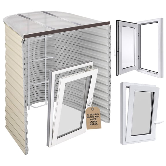 Egress Window Well Kit with Tilt & Turn Basement Window, Window Well Cover, Egress Ladder & Tuffwell window well, Basement Window Covers, Polycarbonate Window Well Covers Outside, 55"L x 36"W x 60"D