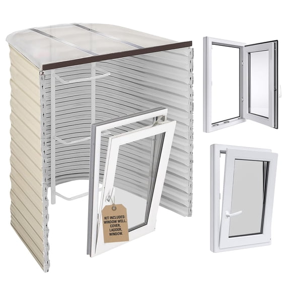 Egress Window Well Kit - 55"Lx36"Wx48"D Includes Right Swing, Tilt & Turn Basement Windows, Polycarbonate Basement Window Well Covers Outside Heavy Duty, 3 Rung White Egress Ladder/Escape Ladder