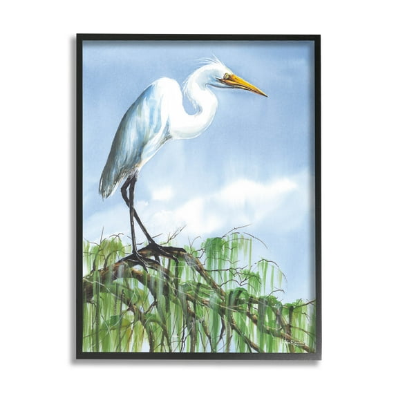 Egret Bird Balancing Branch Animals & Insects Painting Black Framed Art Print Wall Art