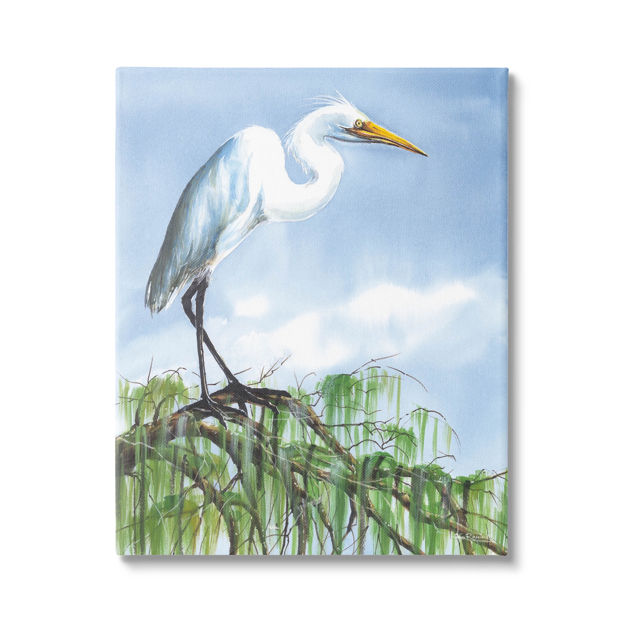 Egret Bird Balancing Branch Animals & Insects Painting Gallery Wrapped Canvas Print Wall Art