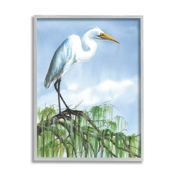 Egret Bird Balancing Branch Animals & Insects Painting Gray Framed Art Print Wall Art