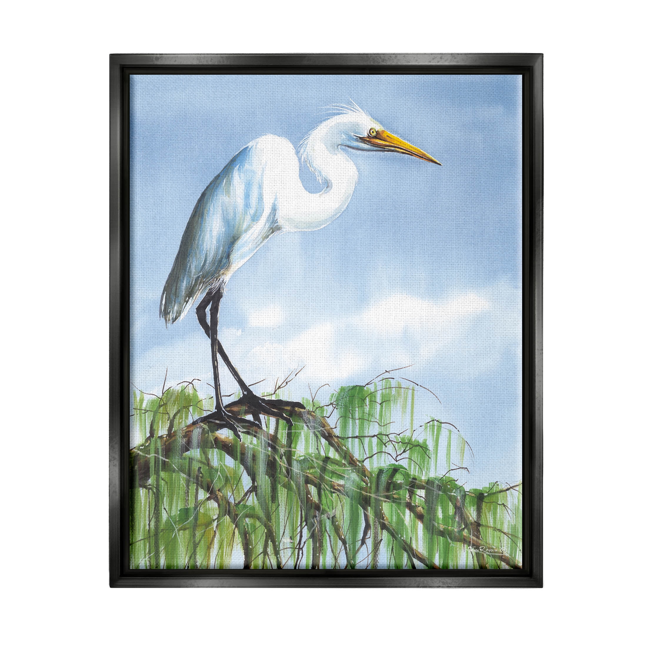 Egret Bird Balancing Branch Animals & Insects Painting Jet Black Framed Art Print Wall Art