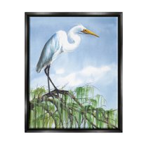Egret Bird Balancing Branch Animals & Insects Painting Jet Black Framed Art Print Wall Art