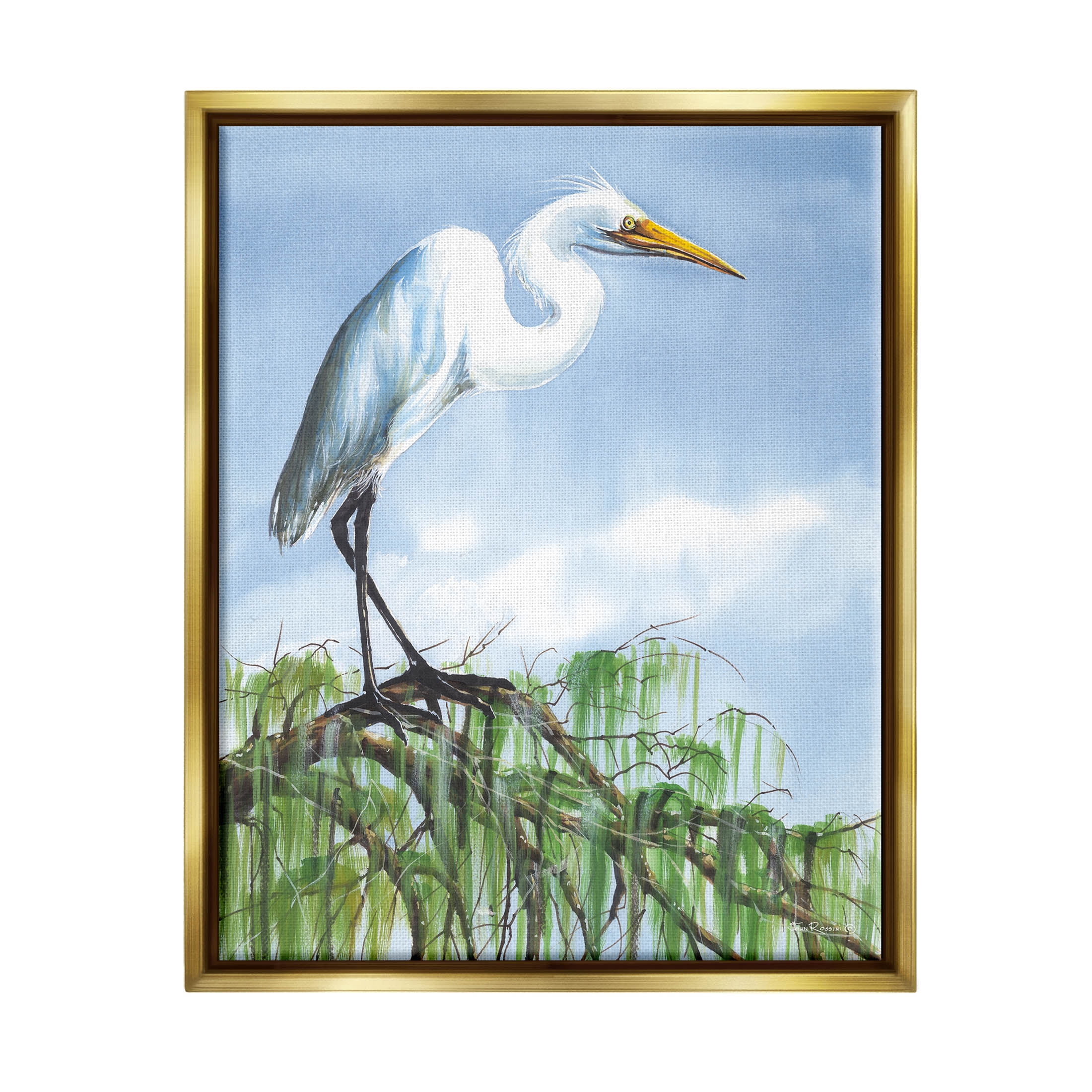 Egret Bird Balancing Branch Animals & Insects Painting Metallic Gold Framed Art Print Wall Art