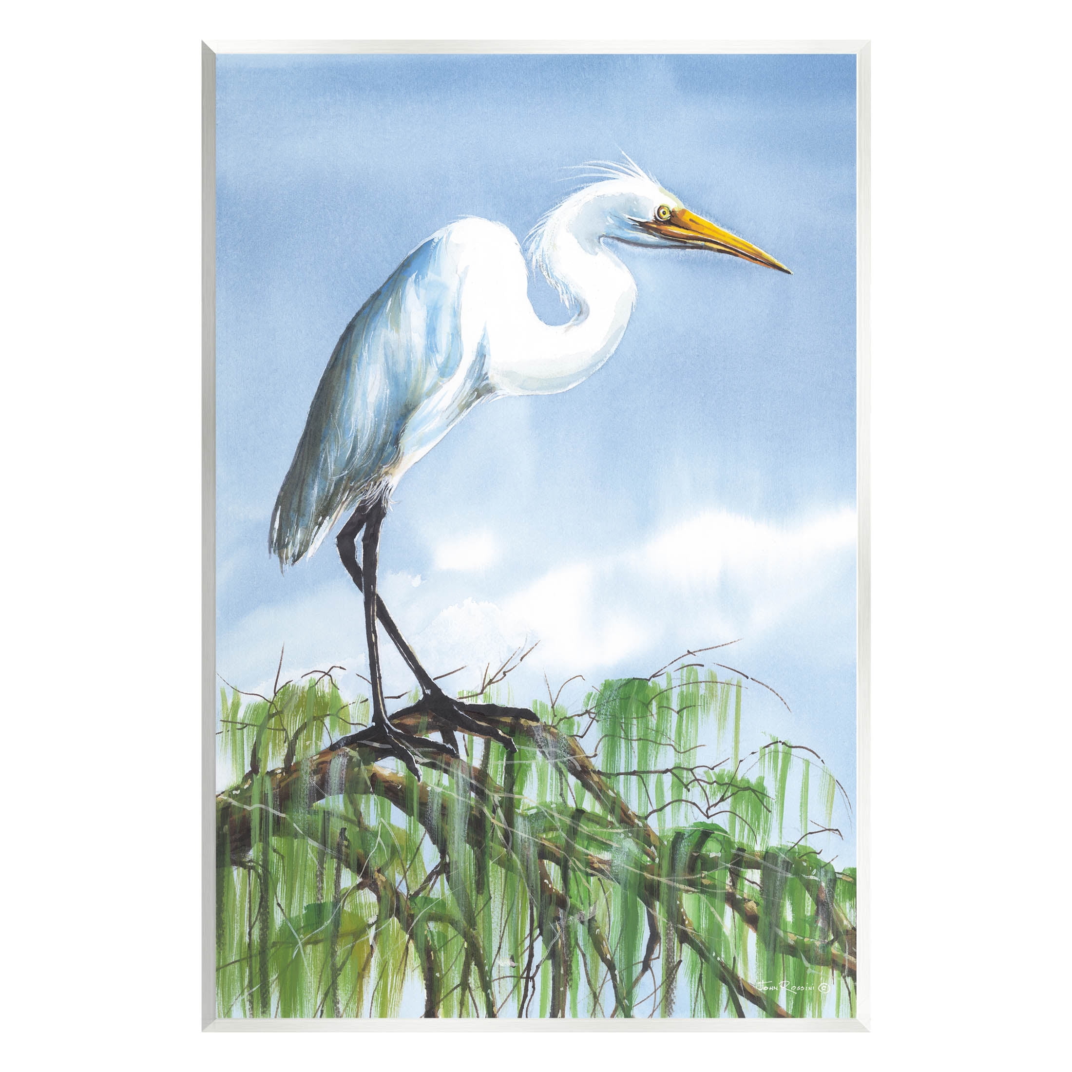 Egret Bird Balancing Branch Animals & Insects Painting Unframed Art Print Wall Art