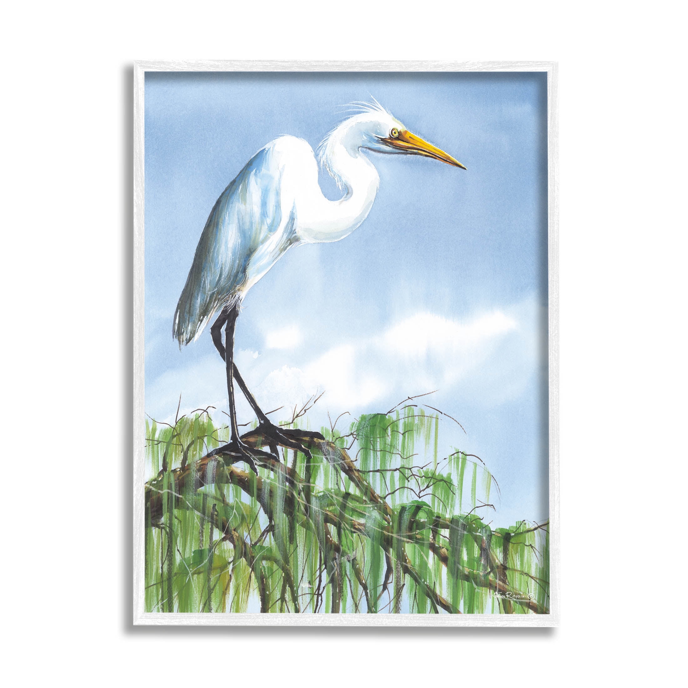 Egret Bird Balancing Branch Animals & Insects Painting White Framed Art Print Wall Art