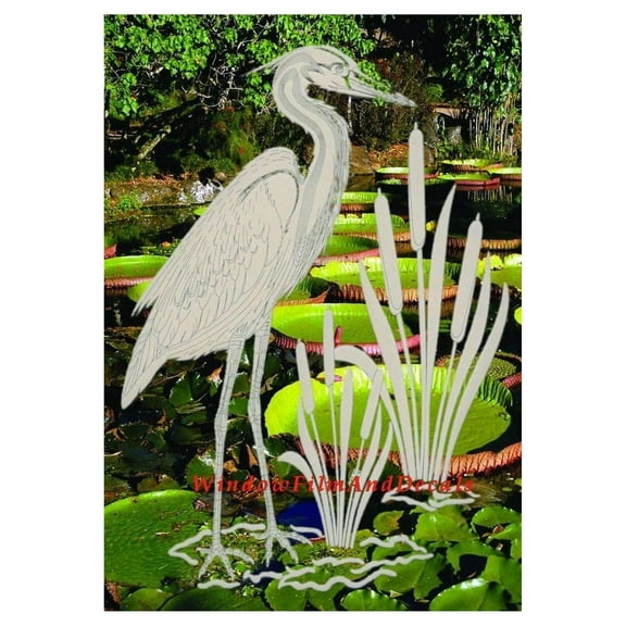 Egret & Cattails Left Oval Etched Window Decal Vinyl Glass Cling - 15" x 23" - Clear with White Design
