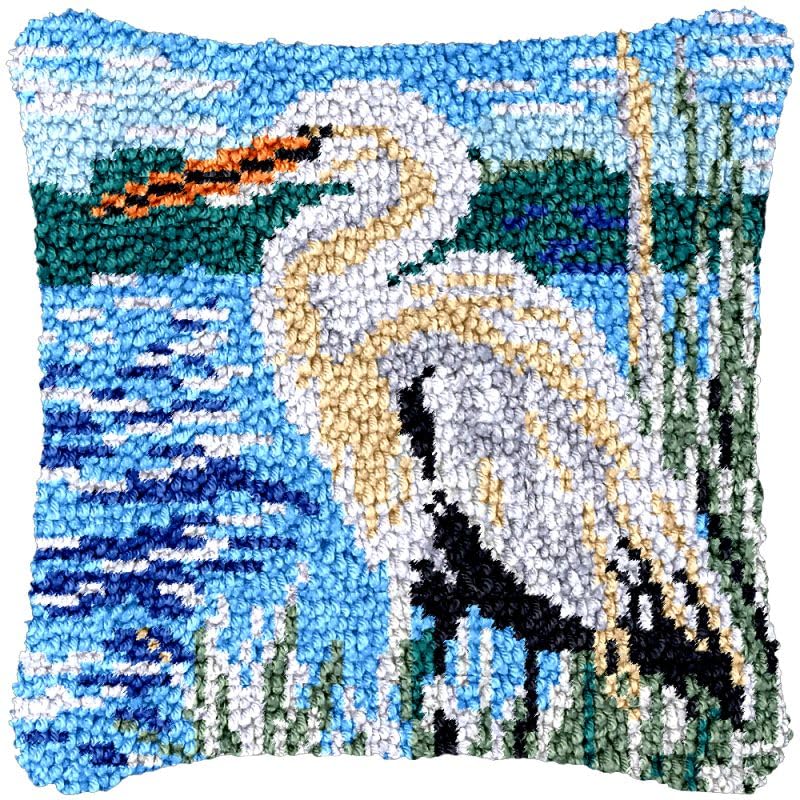 Egret Latch Hook Pillow Cover Kits for Needlework Cushion Throw Pillow Cross Stitch Crochet Hook Pillowcase Rug Kits Printed Canvas Crochet Yarn Kits Needlework 17'' X 17''