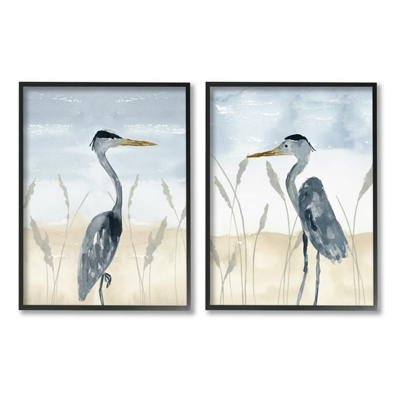 Egret Sea Birds Grazing Beach Sand Seagrass Animals & Insects Painting Framed Art Print Wall Art, Set Of 2