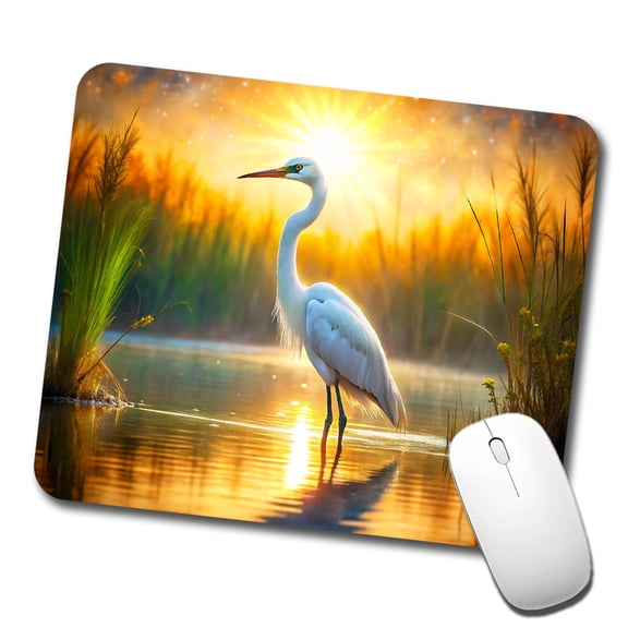 Egret Standing In Pond Backlit By The Sun Watercolor Mouse Pad Low Profile Gaming Mat
