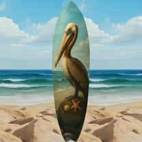 Pelican Surfboard Wall Art – Coastal Bird Decor – Artistic Ocean Surfboard Sign – Indoor Outdoor PVC – Beach House Nautical Wall Art