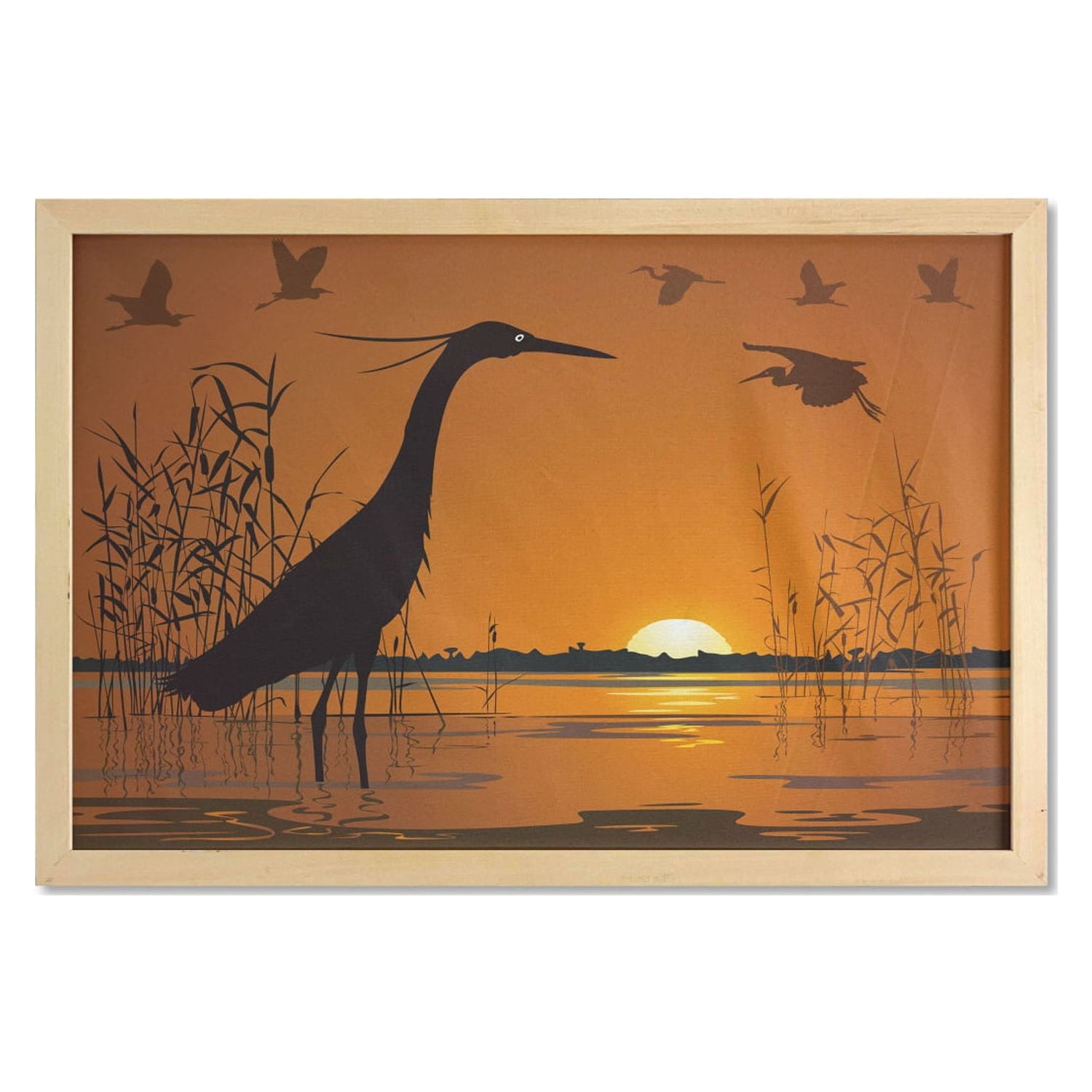 Egret Wall Art with Frame, Nature Themed Bird Silhouettes at Sunset in Swamp,  Printed Fabric Poster for Bathroom Living Room Dorms, 35 x 23, Cinnamon  Brown, by Ambesonne 